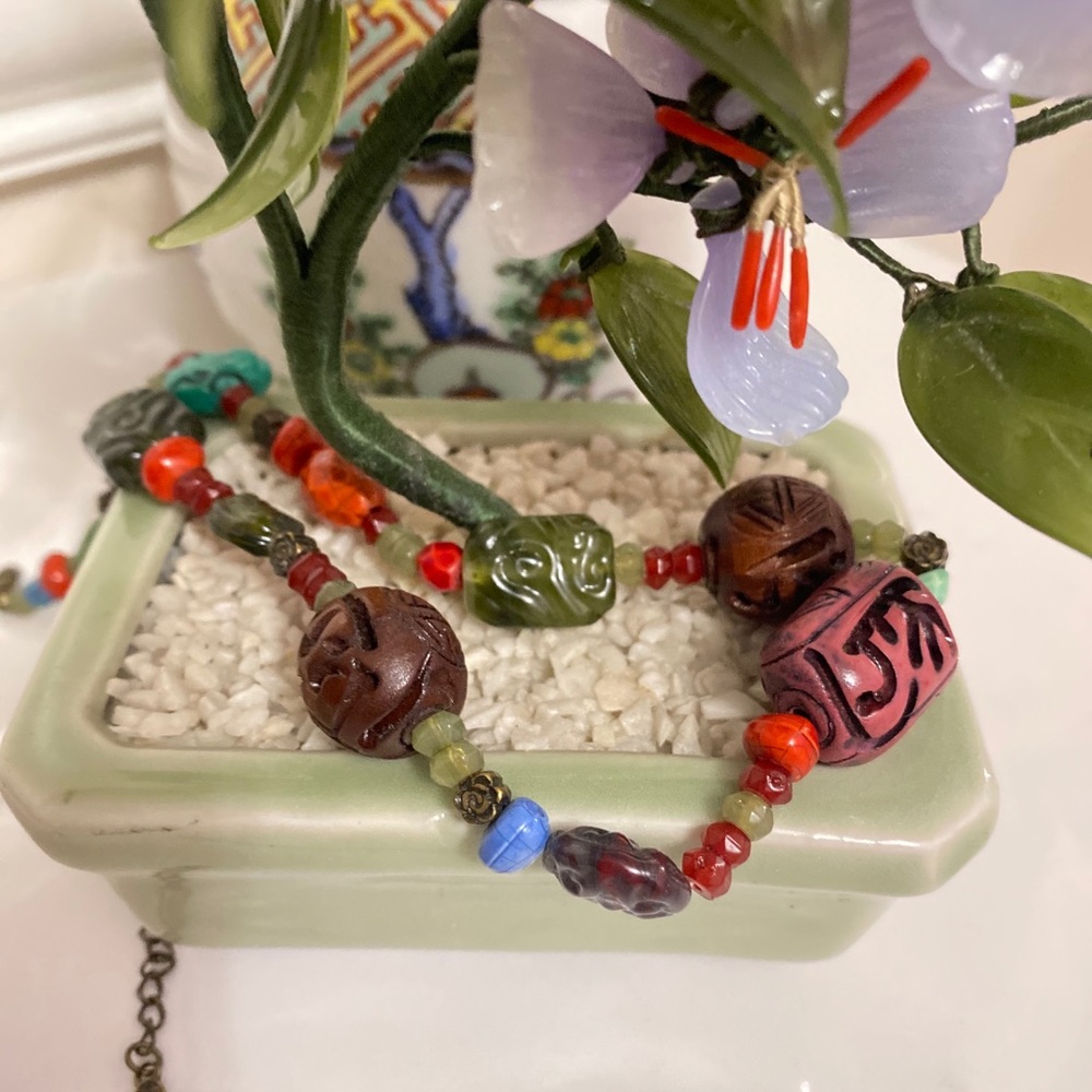 Vintage Carved Cinnabar & Beads Necklace
